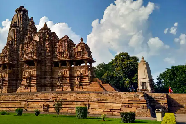 Carved sandstone temple in the Western Group at Khajuraho, Madhya Pradesh