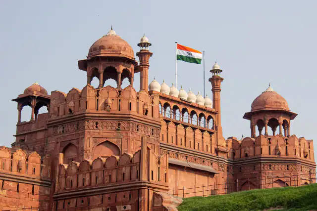 Red Fort in Delhi with the Indian flag flying above its walls
