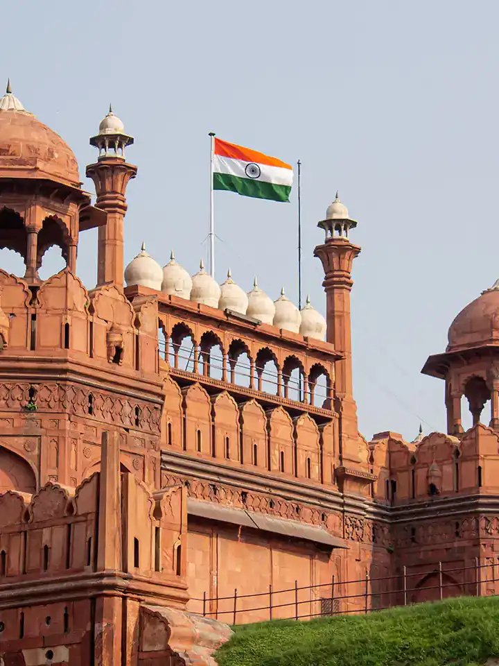Red Fort in Delhi with the Indian flag flying above its walls
