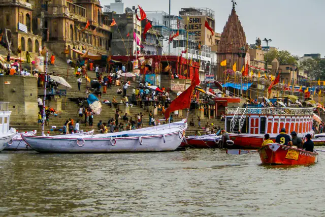 Boats on the Ganges in front of Assi Ghat, Varanasi